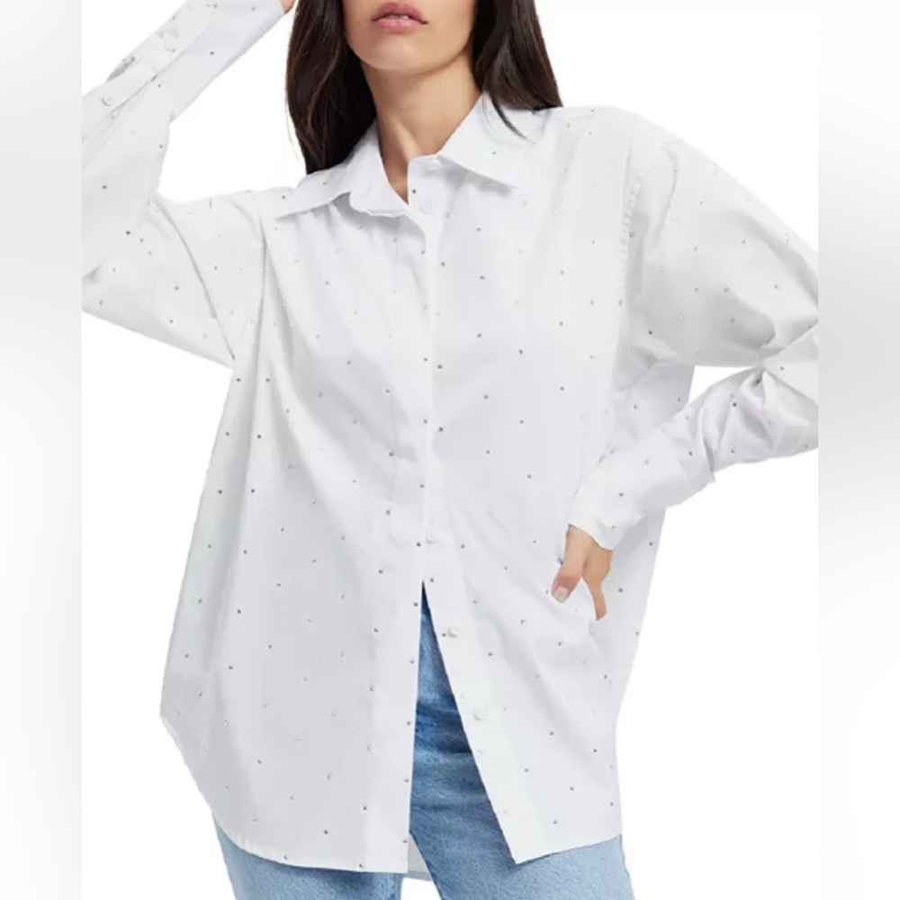 GOOD AMERICAN Womens Rhinestone Cuffed Sleeve Point Collar Oversized Top